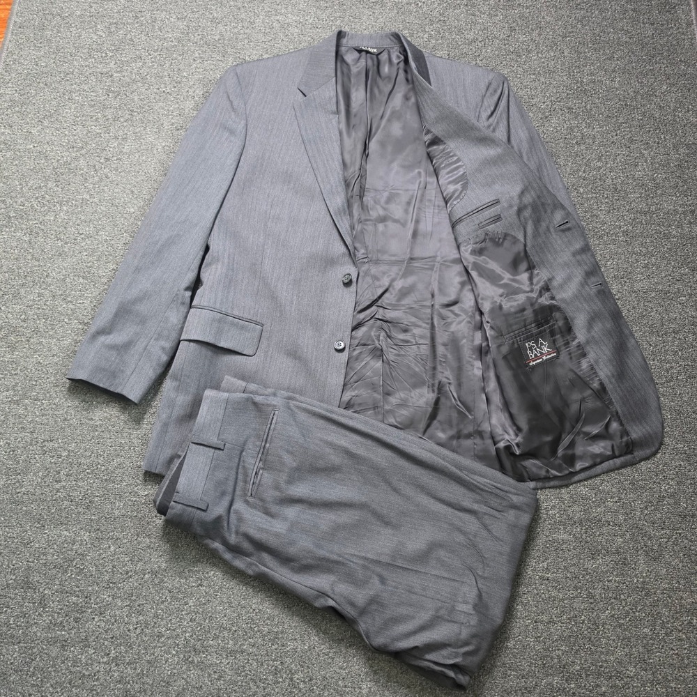Jos A Bank Signature Collection Suit Gray Mens 44L Wool Herringbone 36x30 Formal